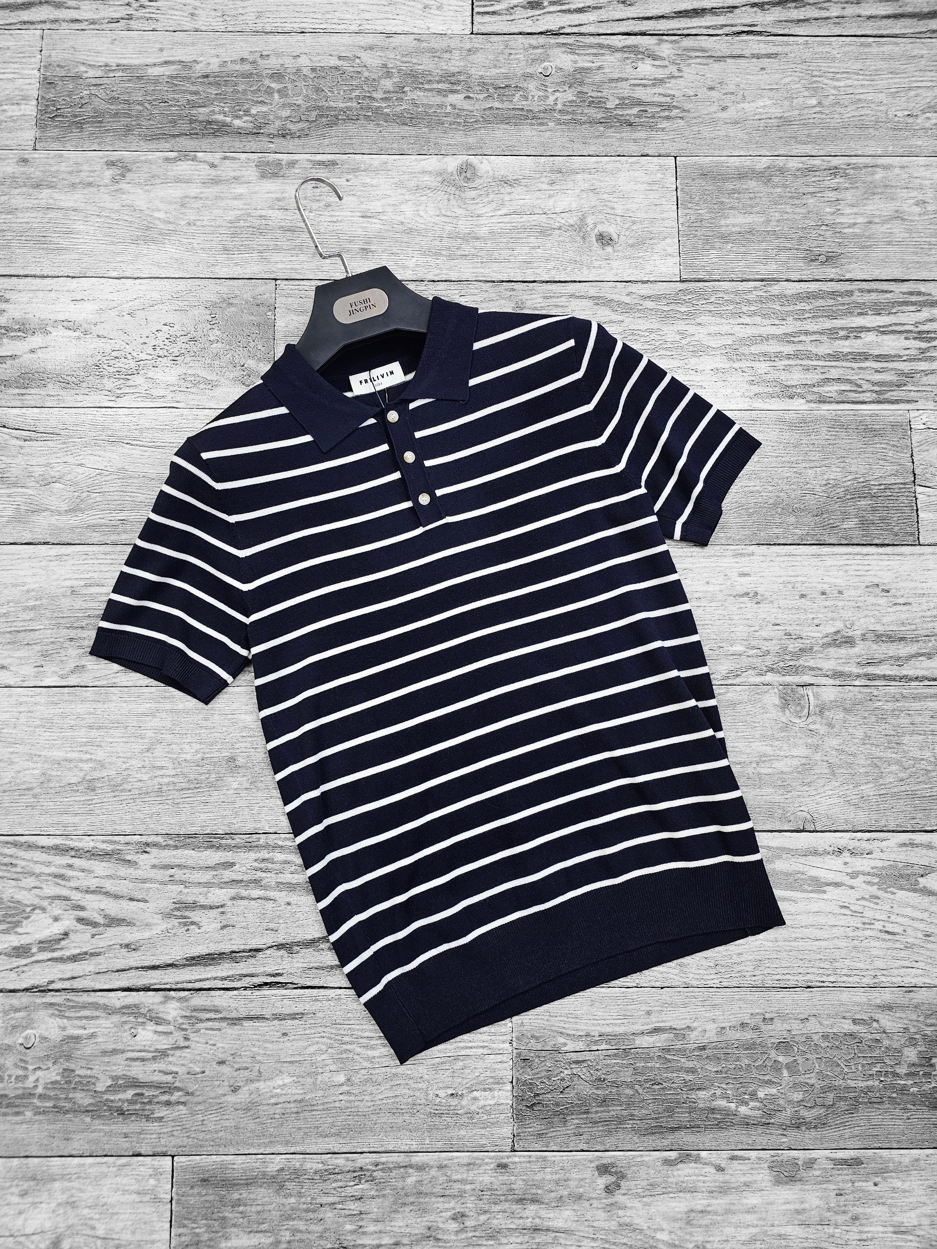 Polo old money a rayure bleu nuit et blanc